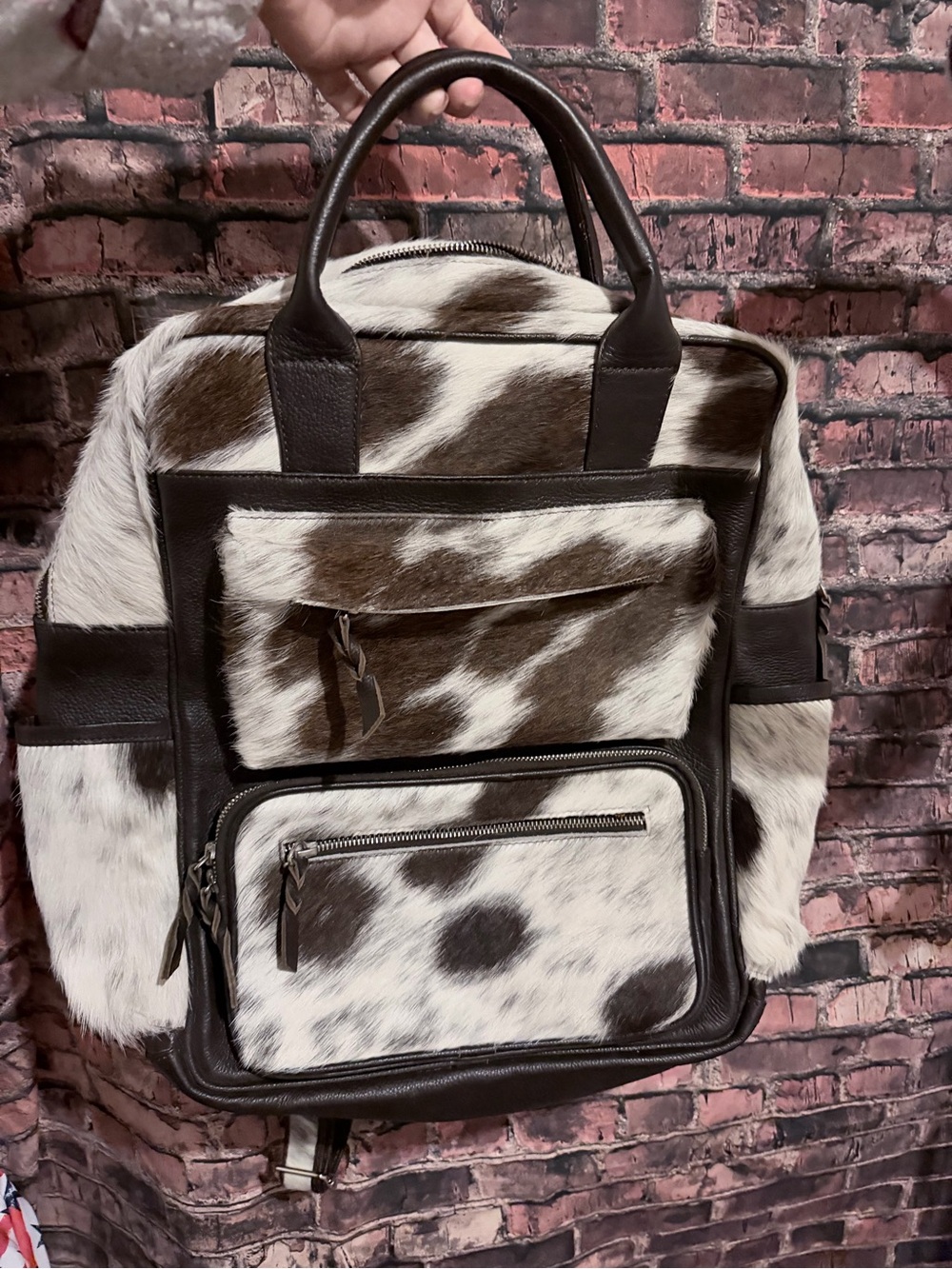 Cowhide Leather Backpack - Brown & White